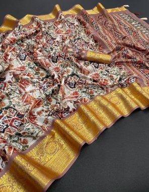 brown pure dola silk with jacquard weaving border with digital printed  fabric digital printed work festive 