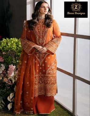 orange top - georgette with embroidered ( semi stitched ) | inner & bottom - santoon with embroidered ( unstitched )  | dupatta - georgette embroidred heavy embroidered  fabric embroidery work festive 