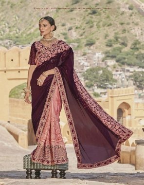 wine vichitra silk saree with unstitched blouse | full embroidery worked fabric embroidery work festive 