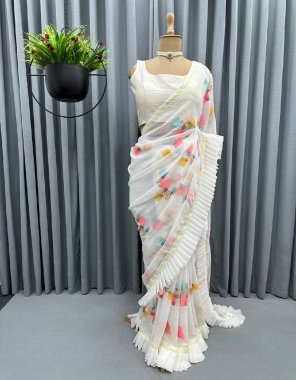 white saree - faux georgette with thread & ruffle work ( 5.5 m) | blouse - benglory silk plain ( 1m unstitched ) fabric thread work  work ethnic 
