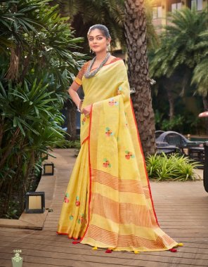 yellow linen fashion fancy linen embroidery saree collection fabric embroidery work ethnic 