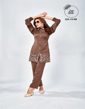 brown top / bottom - bsy satin | pearls n hand work & tassels | size - ( top - l - 40 | xl - 42 ) | ( bottom - l - 32 - 38 | xl - 36 - 40 )  fabric embroidery work casual 