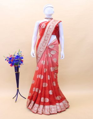 organge pure viscose georgette saree with zari weaving | with contrast running  blouse fabric weaving work ethnic 