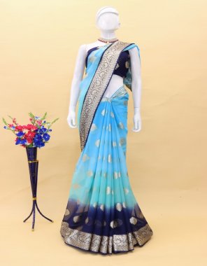 sky blue pure viscose georgette saree with zari weaving | with same contrast viscose  georgette blouse fabric weaving work festive 