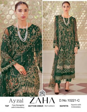 dark green top - georgette with heavy embroidered and back work | bottom - santoon with patch work | dupatta - nazmin with heavy embroidered | inner - santoon fabric embroidery work ethnic 