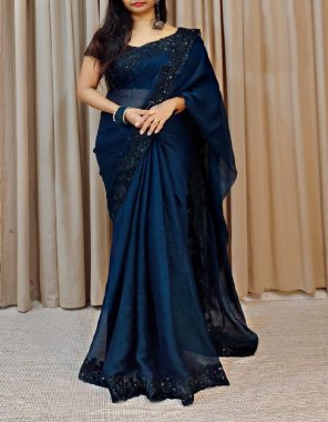 navy blue noor chiffon | saree length - 5.50 m | work - c pallu embroidery sequance with cut border | blouse - black bonding ( length - 0.80 m) fabric embroidery work ethnic 