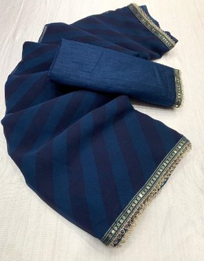 navy blue georgette saree with unstitched blouse fabric printed work ethnic 