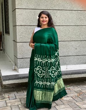 dark green gajji silk with print & hand block print with blouse piece fabric printed work festive 