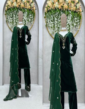 dark green suit - velvet with inner | work - velvet with thread work with real mirror work | size - m ( 38 ) | l ( 40 ) | xl ( 42 ) | pent - velvet with thread and real mirror work | size - free ( with elastic ) | dupatta - faux georgette with thread and real mirror work ( 2.2 m) fabric real mirror work work casual 