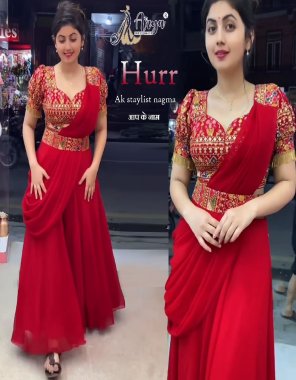 red heavy fox georgette | dupatta - heavy faux georgette | inner - crep | with muli sequance thread work | fancy kamar belt | style - big plaazo pair style fabric embroidery work ethnic 