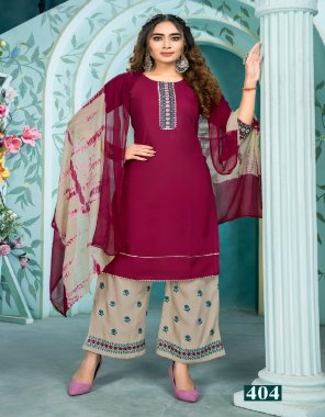 maroon top - heavy rayon | style - straight fancy embroidery with lace work | length - 40 | plazzo - rayon 14kg with embroidery work |length - 38 | dupatta - chinnon fabric embroidery work party wear 