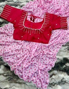 baby pink mulmul silk with printed with handcrafted | blouse- silk ( stitched ) | size - 38 upto 42 fabric printed work party wear 