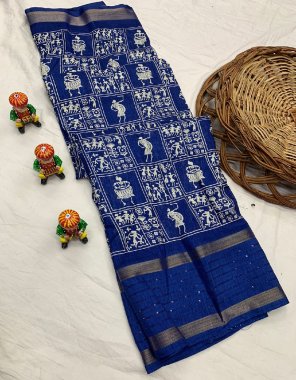 navy blue saree - soft tusshar silk slub ( golden zari weaving zig zag border ) | blouse - soft tusshar silk slub ( running contrast blouse )  fabric sequance work casual 