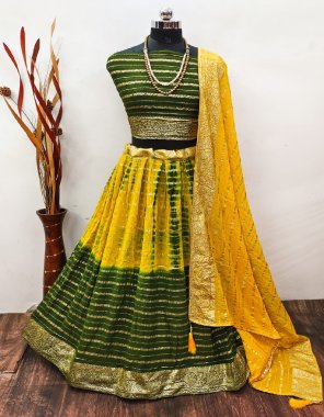 yellow lehenga - pure viscose georgette with 2d shade with sibori | waist - supported upto 42 | length - 41 | flair - 3.5 m | inner - butter silk with cancan ( stitched ) | blouse - pure viscose georgette | work - plain | length - 1 m ( unstitched ) | dupatta - pure viscose georgette with gota patti piping with heavy tessels ( 2.5 m)  fabric zari weaving work party wear 