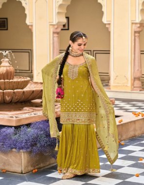 yellow top - heavy chinon with embroidery work | dupatta - digital printed embroidery work | plazzo - heavy chinon embroidery work ( front & back ) [ note - sleeves fabric will be come ] fabric embroidery  work festive 