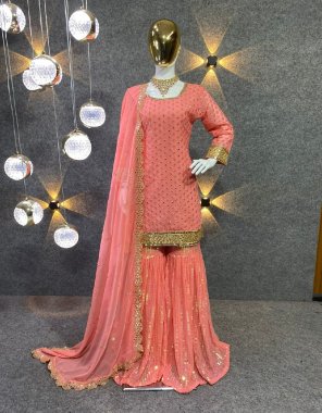 peach top - heavy faux georgette with heavy embroidery sequance work with full sleeves with latkan dori | inner - heavy micro cotton | length - 34 - 35 inch | size - 42 xl free size ( fullstitched ) | sharara - heavy faux georgette with embroidery rembo sequance full flair | inner - heavy micro cotton | length - 42 - 43 inch ( full stitched ) | dupatta - heavy faux georgette embroidery sequance work  fabric embroidery  work casual 
