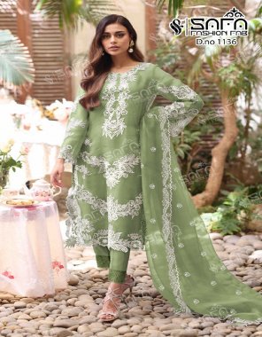 parrot green top - heavy georgette | bottom - cotton stretchable | inner - heavy fabrics | dupatta - designer ( pakistani copy )  fabric embroidery  work ethnic 