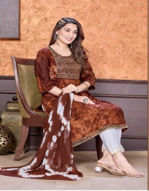 brown top - rayon tie die prints | bottom - rayon plain | dupatta - nazneen | naira cut festive wear kurties with embroidery work | length - 44 ( approx ) fabric printed work party wear 