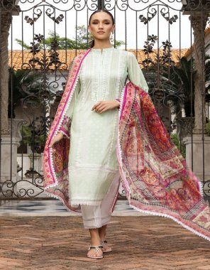 parrot green top - pure cotton with embroidery | bottom - cotton soild | dupatta - cotton mal mal box pallu dupatta with heavy embroidery with cut work ( pakistani copy ) fabric embroidery  work party wear 