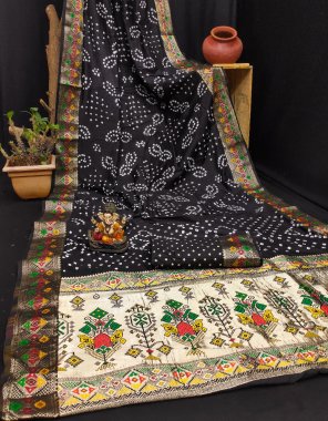 black pure bandhej silk patola border with zari weaving fabric weaving work casual 