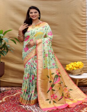 pista pure soft silk handloom saree with pure jari contrast border and paithani pallu fabric weaving work party wear 