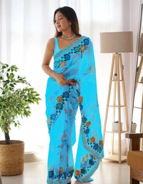 sky blue saree - georgette with digital printed with embroidery design | blouse - mono banglori with embroidery lace border fabric embroidery work festive 