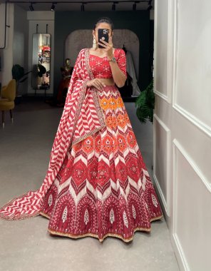 red lehenga - vaishali silk | lehenga work -  printed with lace border | waist - supported upto 42 | closer - drastring with  zip | stitching - stitched with canvas and attached with cancan | length - 41 | flair - 4.3m | inner - micro cotton ( stitched ) | blouse - vaishali silk printed and lace border  | blouse length - 1 m | dupatta - muslin silk printed and  lace border ( 2.3 m) fabric printed work ethnic 