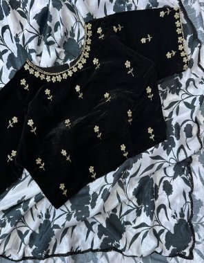 black saree - softy chinnon silk with beautiful print with hand crafted kardana work | blouse - pure 9000 velvet blouse with handcrafted | size - 38 upto 42 fabric printed work party wear 