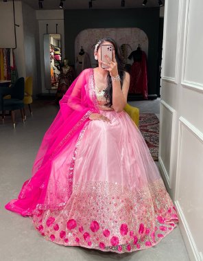 pink lehenga - net | work - embroidery sequance work | inner - satin | waist - suppported upto 42 | closer - drawsting | stitching - stitched with canvas | length - 41 | flair - 3.50 m ( stitched ) | blouse - net with sequance embroidery work | length - 1 m ( unstitched ) | dupatta - net sequance embroidery work ( 2.30 m)  fabric embroidery work ethnic 