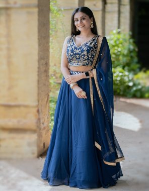 navy blue lehenga - georgette | work - sequance and thread embroidery work | waist - supported upto 42 | closer - drewstring with zip | length - 41 | flair - 8 | inner - micro cotton ( stitched ) | blouse - georgette with sequance thread embroidery work | length - 1 m  ( unstitched ) | dupatta - georgette sequance embroidery work lace border ( 2.5 m) fabric embroidery work party wear 