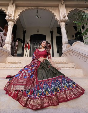 black lehenga - dola silk | lehenga work - printed and foil work | waist - supported upto 42 | lehenga closer - drawstring with heavy tassels and zip | stitching - stitched with canvas and attached with can can | length - 42 | flair - 3.80 m | inner - micro cotton ( stitched ) | blouse - dola silk | work - foil printed | length - 0.80 m ( unstitched ) | dupatta - dola silk foil printed with gota patti lace border also comes with tassels ( 2.5 m) fabric printed work festive 