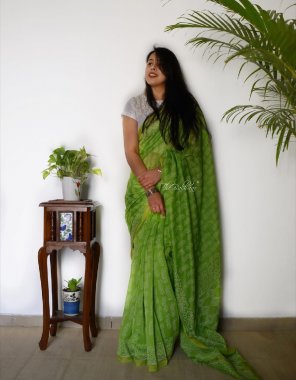 parrot green digital printed ajrakh saree with soft golden zari border father touch cotton printed blouse fabric printed work ethnic 
