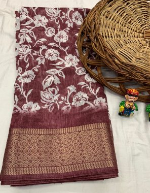 maroon saree - soft cristal cotton silk slub ( golden zari weaving zig zag border ) | blouse - soft silk slub ( running contrast blouse )  fabric printed work festive 