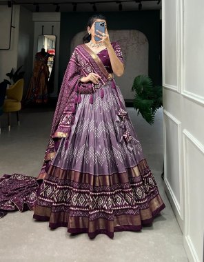 purple lehenga - heavy silk | work - patola print & digital printed | waist - supported upto 42 | lehenga closer - drawsting with heavy tassels and zip | stitching - stitched with canvas and attched with can can | length - 42+ | flair - 3.80 m | inner - micro cotton ( stitched ) | blouse - heavy silk patola printed | blouse lenght - 0.80 m | dupatta - heavy silk patola  printed with gotta patti lace border ( 2.5 m) fabric printed work party wear 