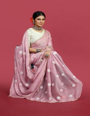 pink saree - soft moss chiffon with embroidery work butta with piping border | blouse - mono banglori fabric with moti sleeves border  fabric embroidery work ethnic 