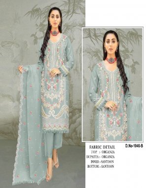 sky blue top - heavy organza with embroidery sequance with stone with frill | bottom - heavy santoon | inner - heavy santoon | dupatta - heavy organza with embroidery sequance work | size - max  upto 56 | length - max upto 48 | type - semi stitched fabric embroidery work festive 