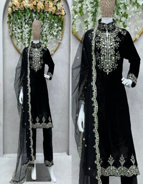 black suit - velvet with inner | work - thread & sequance work | size - m ( 38 ) | l ( 40 ) | xl ( 42 ) | pant - velvet | size - full stitched with elastic ( upto 42 ) | dupatta - soft net with thread work ( 2.2 m) fabric thread work work party wear 