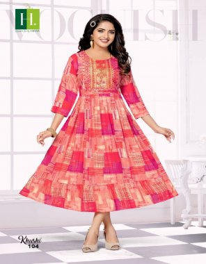 pink heavy rayon foil prints | style ghera kurti with heavy neck work | length - 45+ fabric printed work festive 