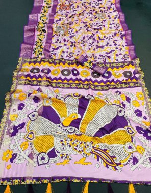 purple pure dola silk with jari weaving jacquard border | contrast matching blouse fabric digital printed work ethnic 