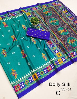 sky blue soft pure dola silk kalamkari patola digital printed fabric printed work party wear 