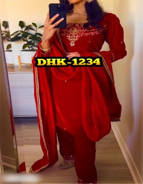 red top - heavy viscose velvet | work - fancy embroidery sequance work | sleeves - full sleeve with embroidery work | inner - micro cotton | top length - 41 - 42 inch | top size - xl full stitched with xxl margin | bottom - heavy viscose velvet | bottom length - 40-42 inch upto xxl | dupatta - heavy faux georgette with embroidery work lace border ( 2.1 m) fabric embroidery work casual 