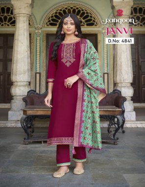 rani top - silk muslin with embroidery work and full inner | bottom - silk muslin with work pant | dupatta - jacquard with pure digital print and fourside lattcan fabric embroidery work casual 