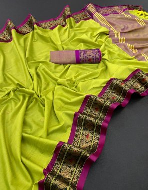 parrot green cotton silk gold multi peacock weaving border with contrast blouse  fabric weaving work ethnic 