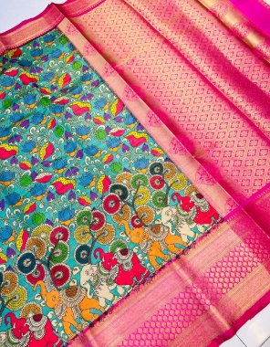 sky blue silk pattu kalamakri saree | blouse - brocade blouse fabric printed work festive 