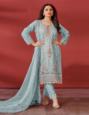 sky blue top - pure organza embroidered work  | dupatta - pure organza with embroidery work with cut work | inner & bottom - santoon  fabric embroidery work casual 