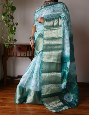 sky blue kanchipuram organza with saburi digital printed with arco cut work  fabric printed work ethnic 