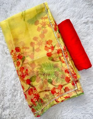 yellow semi pure organza with handcrafted work | blouse - red silk ( unstitched ) fabric handwork work party wear 