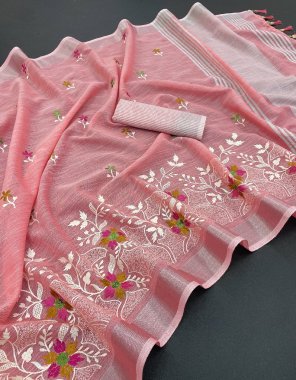 pink saree - khadi linen multi embroidery chit pallu with silver zari border | blouse - running weaving blouse fabric embroidery work casual 
