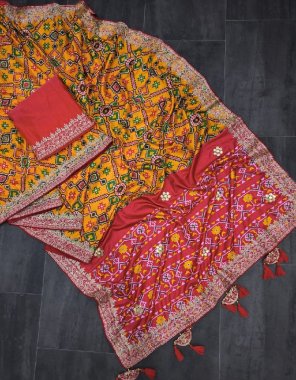 yellow saree - soft vichitra silk with digital printed | blouse - mono banglory silk ( unstitched ) fabric digital printed work party wear 