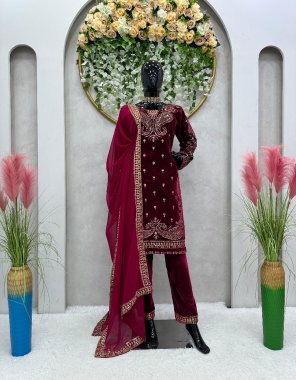 maroon top - visocs velvet | inner - micro | work - thread with sequance | stitch - m ( 38 ) | l ( 40 ) | xl ( 42 ) | front and back side work | pant - visocs velvet | work - thread with sequance work | stitch - full stitch with elastic upto 44 | dupatta - fox georgette with thread with sequance four side lace border  fabric thread work work party wear 